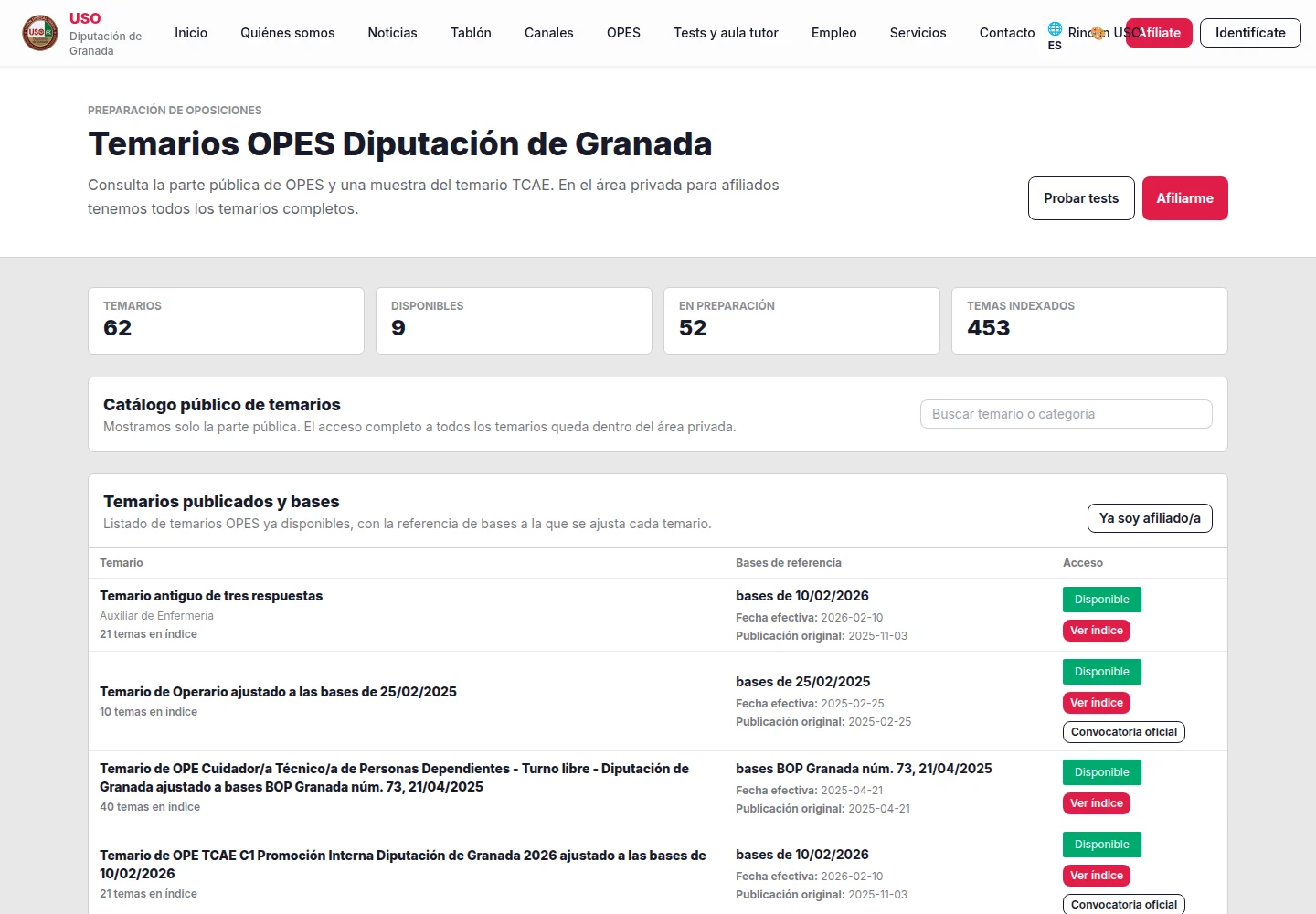 Catálogo de temarios con sus bases de referencia