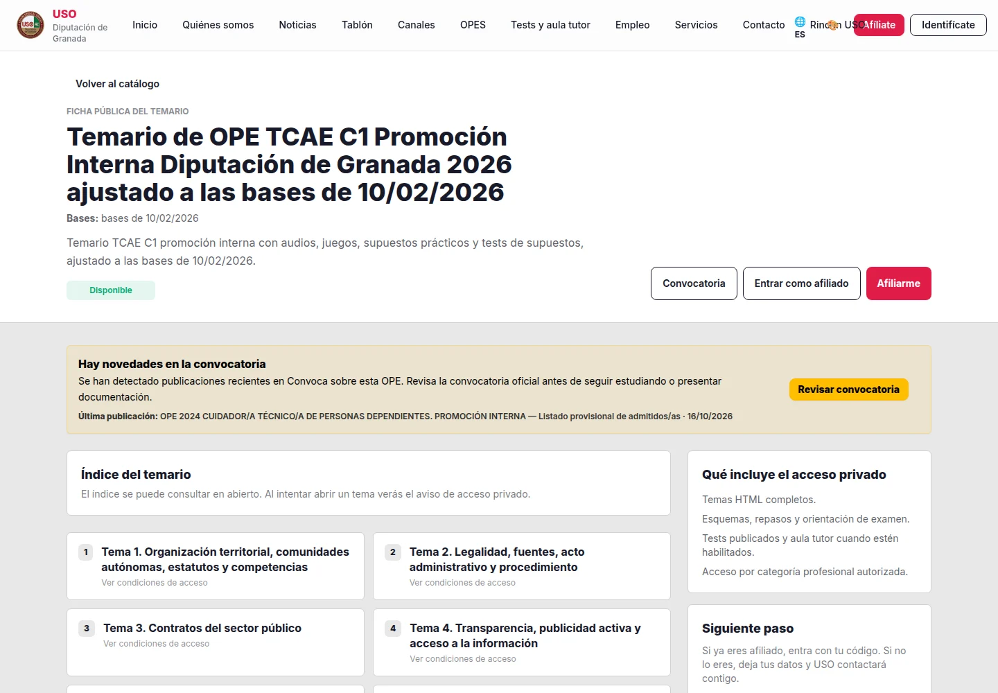 Índice del curso TCAE C1 de promoción interna