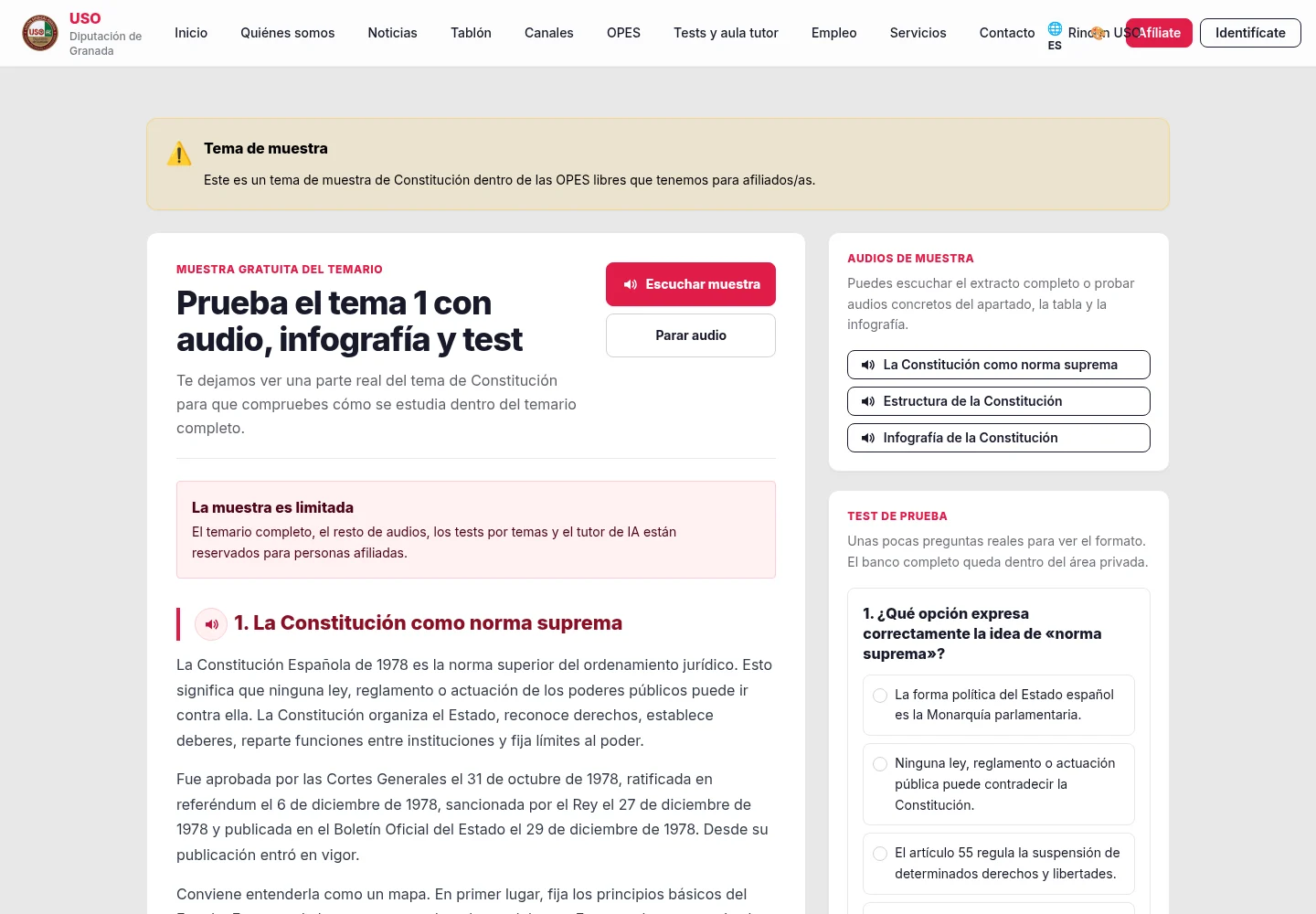 Tema real de Constitución con controles de audio