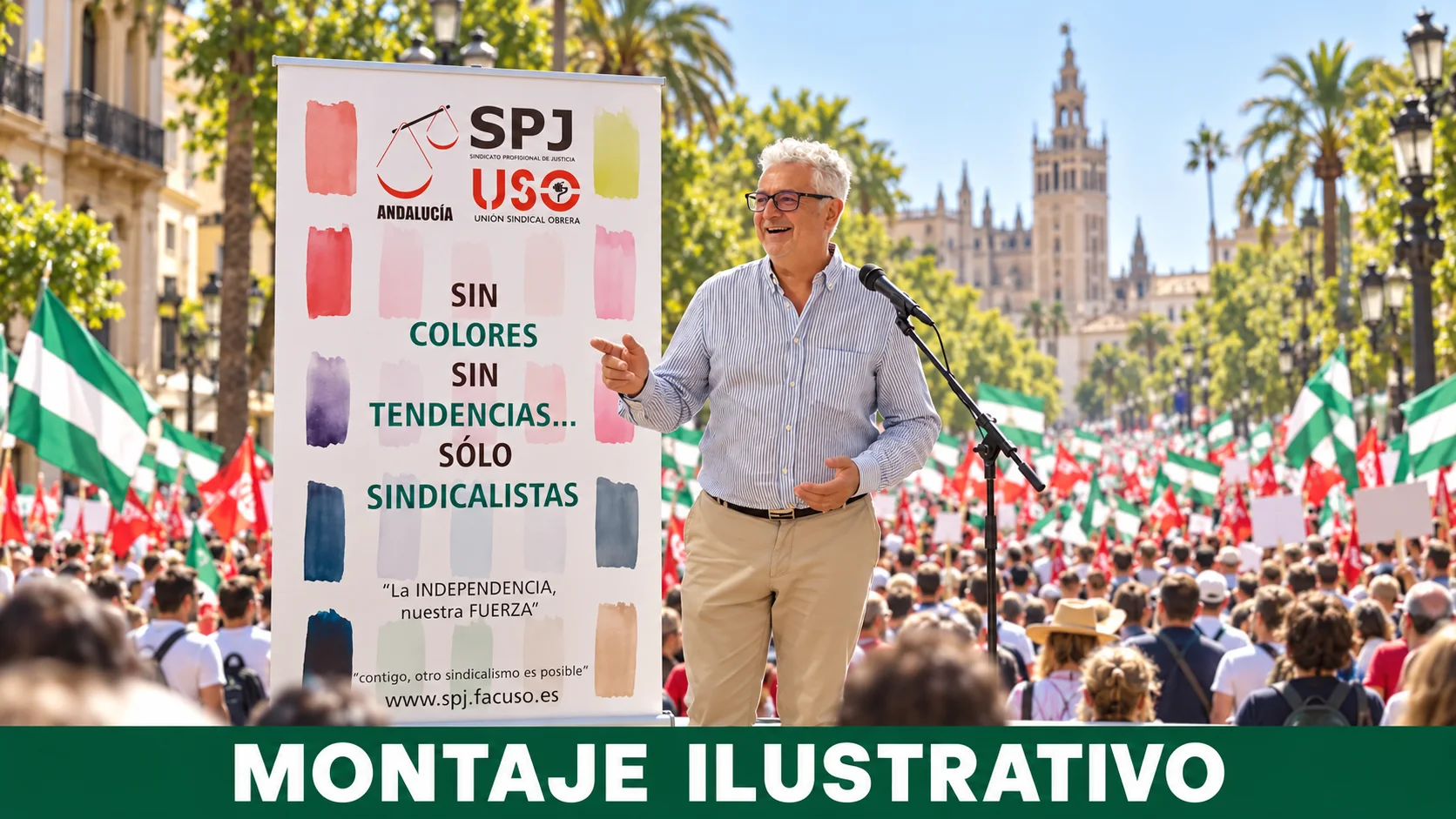 Montaje ilustrativo de campaña con escenario y multitud generados