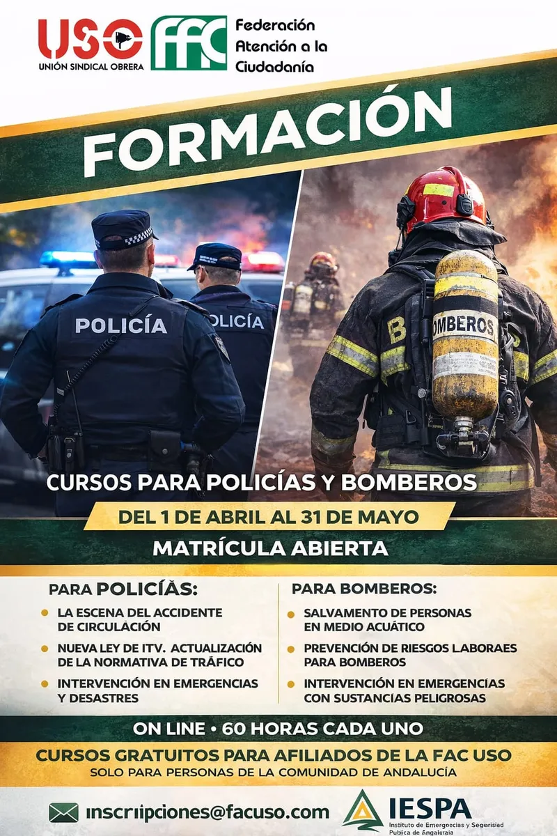 Cartel de cursos de formación para policías y bomberos.